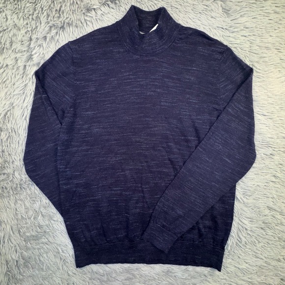 ASH & ERIE Mens Medium Navy Blue Marled Mock Neck Sweater Extrafine Merino Wool - Picture 10 of 11